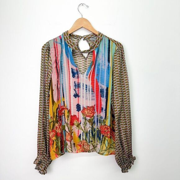 Anthropologie Conditions Apply Women’s Multi Viscose Neck Tie Semi Sheer Blouse - Picture 2 of 15